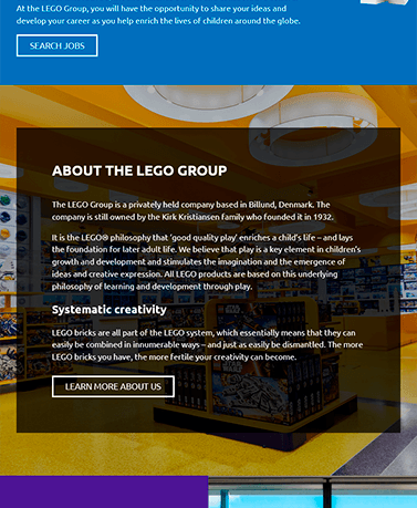 Tablet view of lego website